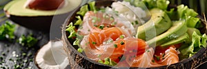 Exotic Salad with Smoked Salmon, Avocado and Coconut Closeup, Raw Sliced Red Fish Salat photo