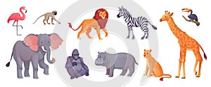 Exotic savannah animals. Herbivorous and carnivores animal african wildlife, zoo safari jungle fauna gorilla monkey