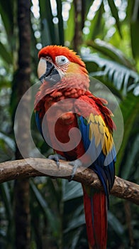 Exotic scarlet macaw perched on a tree branch within lush rainforest setting photo