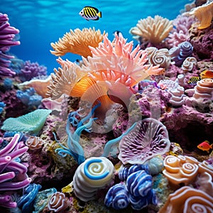 Exotic sea creatures and vibrant corals swim in a deep blue aquarium tank, AI-generated.