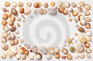 Exotic sea shells on a white wooden background. Concept of summer travel and beach holidays. Flat lay, copy space, top view. Mock-