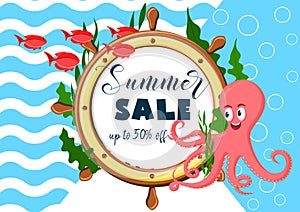Exotic sea summer sale background with octopus, ocean fish, sea weeds ship wheel and text.