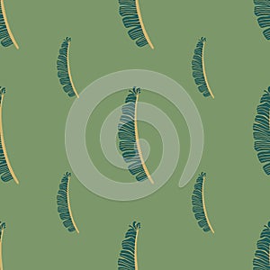 Exotic seamless floral patttern with simple fern leaves silhouettes. Green olive pastel background