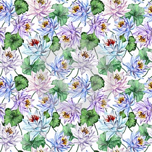 Exotic seamless pattern. Beautiful lotus flowers with green leaves on white background. Hand drawn illustration.