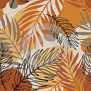 Exotic seamless pattern: line art palm leaves silhouettes, geometric shapes