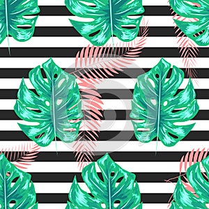 exotic seamless pattern with monstera palm leaves. Tropical hawaiian textile botanical design.