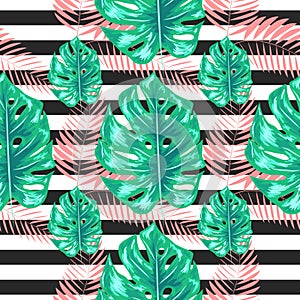 exotic seamless pattern with monstera palm leaves. Tropical hawaiian textile botanical design.
