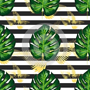 exotic seamless pattern with monstera palm leaves. Tropical hawaiian textile botanical design. Floral backdrop on the