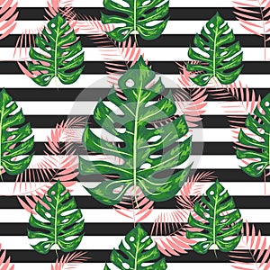 exotic seamless pattern with monstera palm leaves. Tropical hawaiian textile botanical design. Floral backdrop