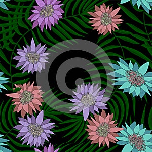 Exotic seamless pattern with tropical flowers and leaves. Banana leaves and flower. Floral background with exotic leaves and
