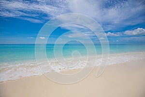 Exotic seascape shore. Beautiful sea sand sky waves of deserted Indian ocean sandy beach, Maldives. Idyllic summer nature