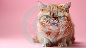 Exotic Shorthair, angry cat baring its teeth, studio lighting pastel background