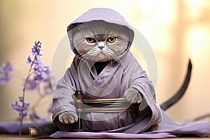 Exotic Shorthair Cat Dressed As A Ninja On Lavender Color Background