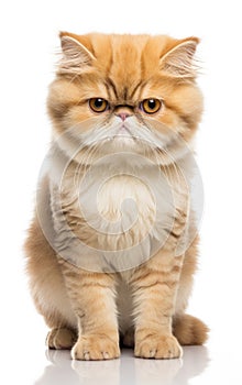 Exotic Shorthair Cat sitting and looking at the camera in front isolated of white background