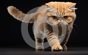 Exotic Shorthair Cat walking at the camera in front isolated of black background