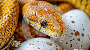 an exotic snake elegantly coiled around white eggs, accentuating its striking pattern while showcasing the intricate