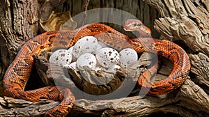 an exotic snake elegantly coiled around white eggs, accentuating its striking pattern while showcasing the intricate