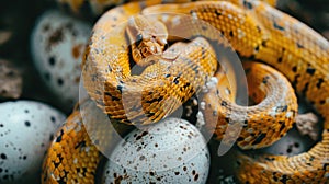 an exotic snake elegantly coiled around white eggs, accentuating its striking pattern while showcasing the intricate