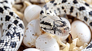 an exotic snake elegantly coiled around white eggs, accentuating its striking pattern while showcasing the intricate