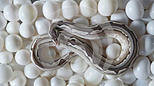 an exotic snake elegantly coiled around white eggs, accentuating its striking pattern while showcasing the intricate