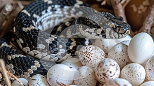 an exotic snake elegantly coiled around white eggs, accentuating its striking pattern while showcasing the intricate