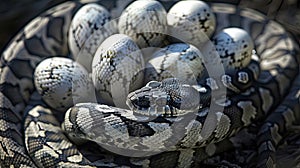 an exotic snake elegantly coiled around white eggs, accentuating its striking pattern while showcasing the intricate