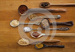 Exotic spices in antique spoons photo