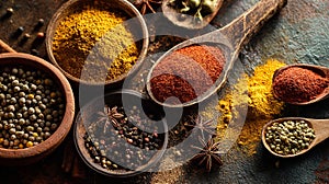 Exotic Spices and Herbs Arranged in Wooden Bowls and Spoons