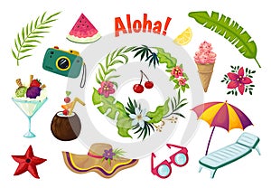 Exotic stickers. Summer party tropical collection of doodle fruits leaves cocktail flamingo, jungle vacation abstract