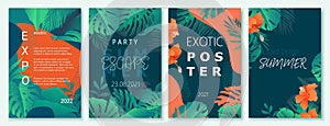 Exotic summer colorful backgrounds with tropic leaves, plants, hibiscus flowers.