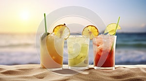 Exotic Summer Drinks with a Sandy Beach Backdrop. Generative AI