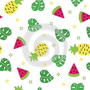 Exotic summer seamless pattern with watermelon and pineapple and white background