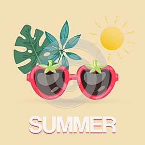 Exotic summer sunglasses with tropical leaves and sun vector illustration. Tropical summer for beach party poster