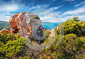 Exotic summer view of Rock of the Bear. Fantastic morning scene of Sardinia island, Capo D`orso, Province of Olbia-Tempio, Italy, photo