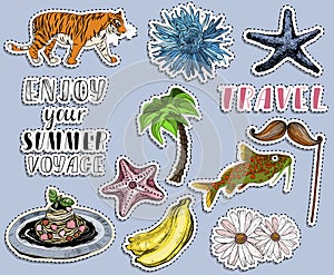 Exotic summer vocation stickers set. Traveling time.