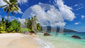 Exotic Sunny beach and coconut palms on Beau Vallon beach, Seychelles.