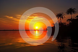 exotic sunset, with the sun setting over a calm and peaceful lake