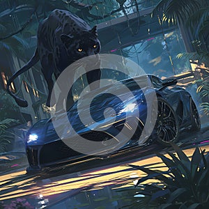 Exotic Supercar and Panther Amidst Rainforest