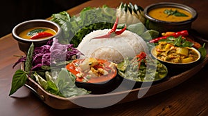 An exotic Thai curry spread, with jasmine rice and colourful garnishes