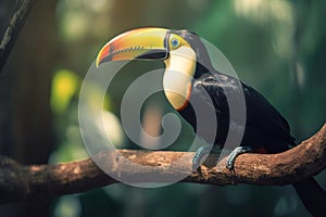 Exotic toucan bird sits on a tree branch in the jungle. Tropical toucan bird in natural wildlife environment. Generative AI