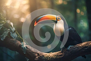 Exotic toucan bird sits on a tree branch in the rainforest jungle. Tropical toucan bird in natural wildlife. Generative AI