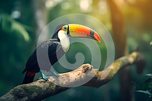 Exotic toucan bird sits on a tree branch in the rainforest jungle. Tropical toucan bird in natural wildlife. Generative AI