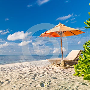 Exotic travel destination, wonderful scenery of tropical beach with two lounge chairs and