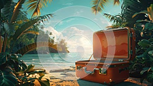 Exotic Travel Dreams: Open Suitcase with Destination Inside for Vacation Time Banner