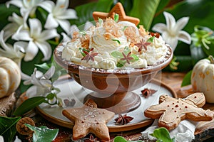 Exotic Tropical Ambrosia Salad with Toasted Coconut Shavings and Star Shaped Cookies on Rustic Wooden Table with White Blossoms