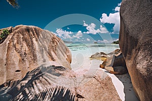 Exotic tropical Anse Source d'Argent beach with granite boulders on island La Digue at Seychelles