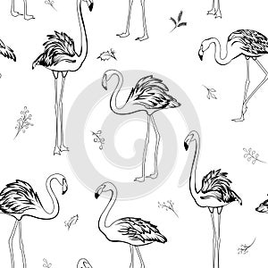 Exotic tropical flamingo birds mistletoe elements seamless pattern. Black on white background.