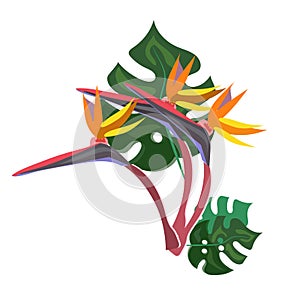 Exotic tropical flower strelizia and xanadu leaves on white background.nature concepts ideas