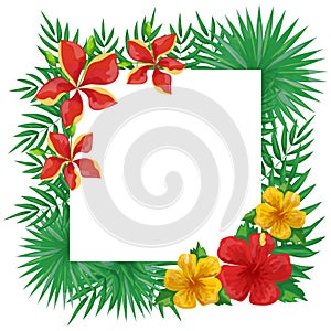 Exotic tropical flowers and leaves. Frame
