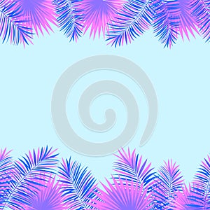 Exotic tropical frame with jungle plants, palm leaves, monstera and place for your text. Nature background. Vector